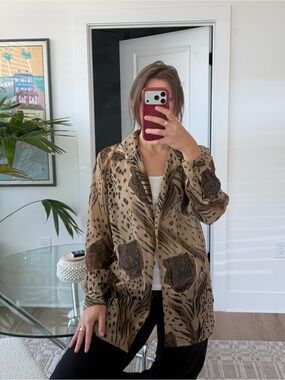 Leopard Print Long Line Jacket - Brown